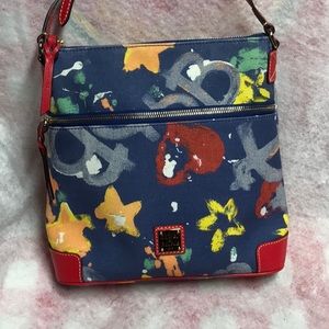 Dooney & Bourke Multi Color Splatter Blue Denim Red Leather Crossbody